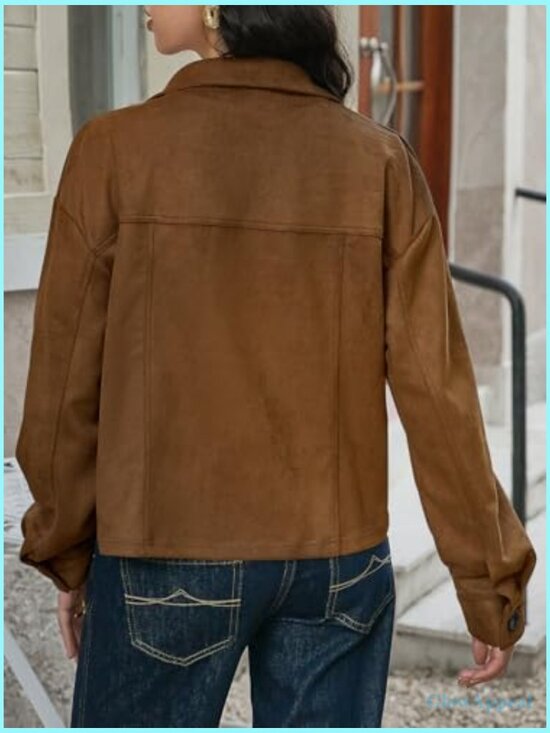Cropped Faux Suede Jacket Lapel Collar Button Down Lightweight Shacket - Picture 4 of 6